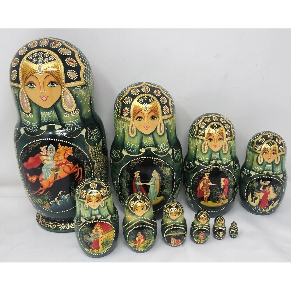 Vtg 10pc Matryoshka 11" Artist Signed Russian A Baba Yaga Tale Nesting Dolls - Picture 1 of 15